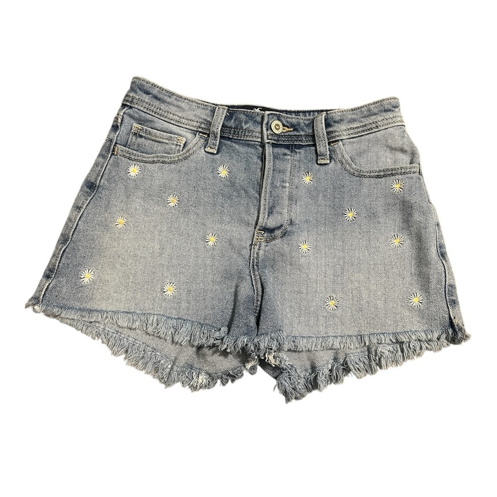 Hollister High-Rise Daisy Embroidered Frayed Hem Jorts Denim Mom Shorts 3"